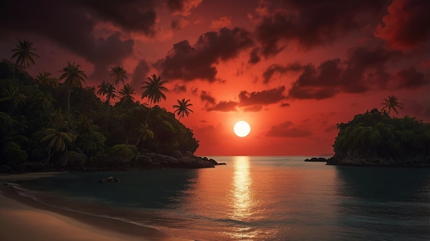 Photo red sunset over tropical beach vibrant sky ocean horizon evening scene