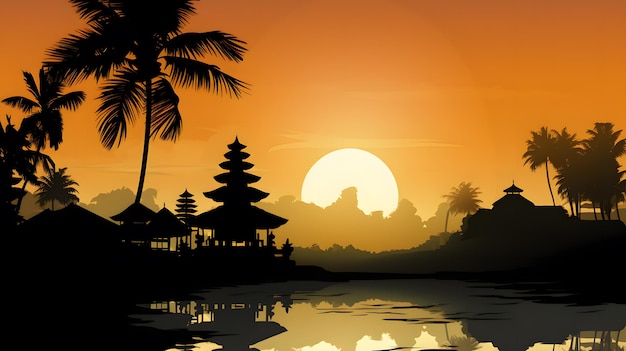 Red sunset with silhouette of Temple Beautiful Bali realistic vector illustration background