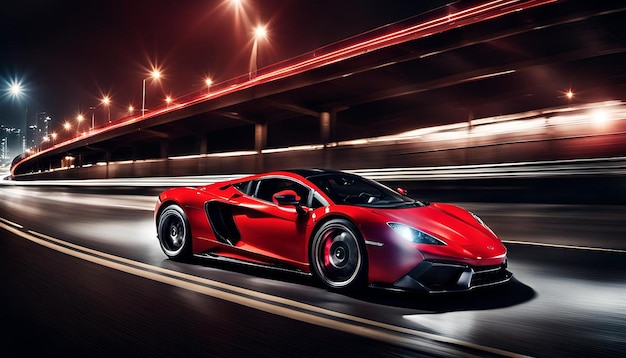 A red supercar on the highway at night