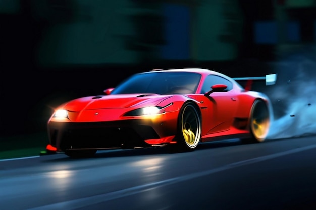 a red supercar on the highway at night