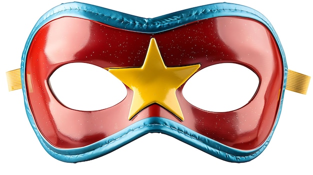 Photo a red superhero mask with a yellow star in the center blue trim and white around the eyes isolated o