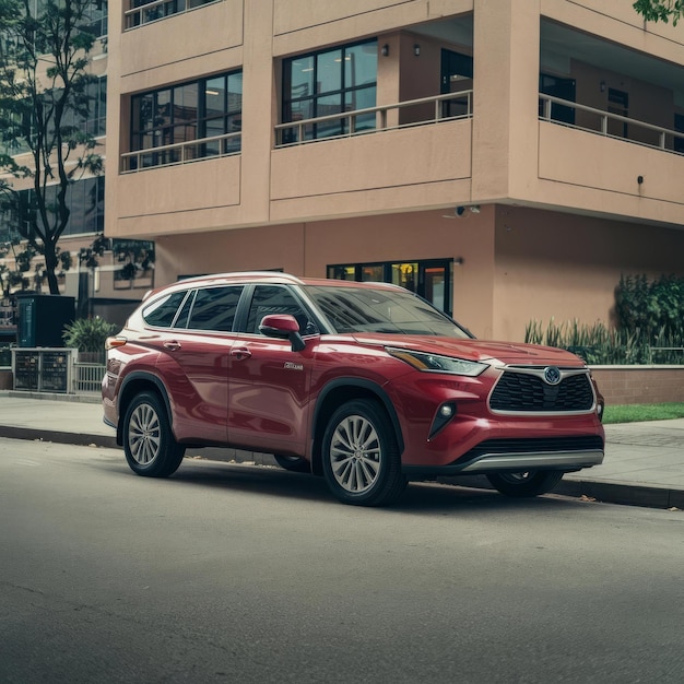 A red suv is parked on the street in front of a building