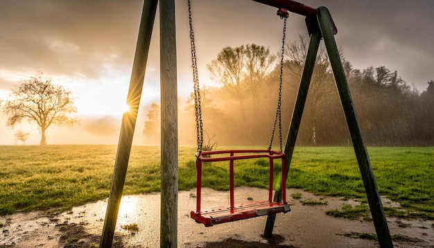 a red swing that has the sun shining through it