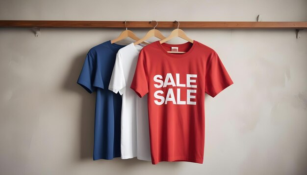 Photo a red t shirt hanging on a hanger with the words sale on it