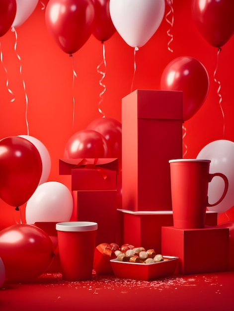 A red table with a box of coffee and a box of cookies on it.