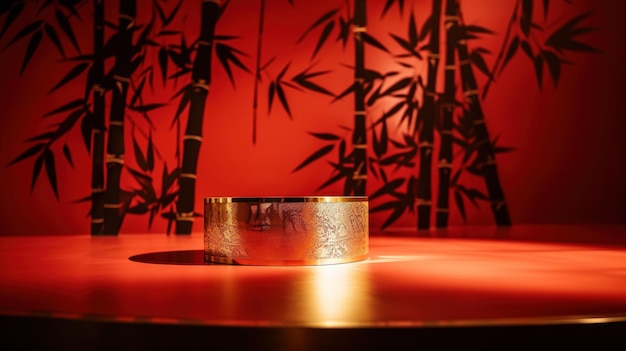 A red table with a gold ring and bamboo trees on it.