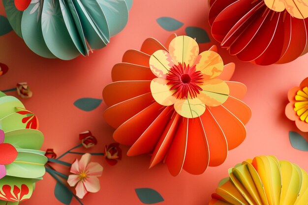 Photo a red table with paper flowers and a red flower on it