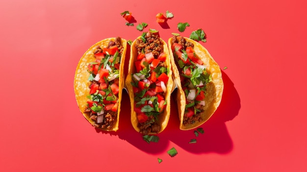 a red table with tacos and a red background