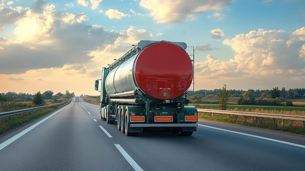 Photo a red tank truck drives down the road with a sky background