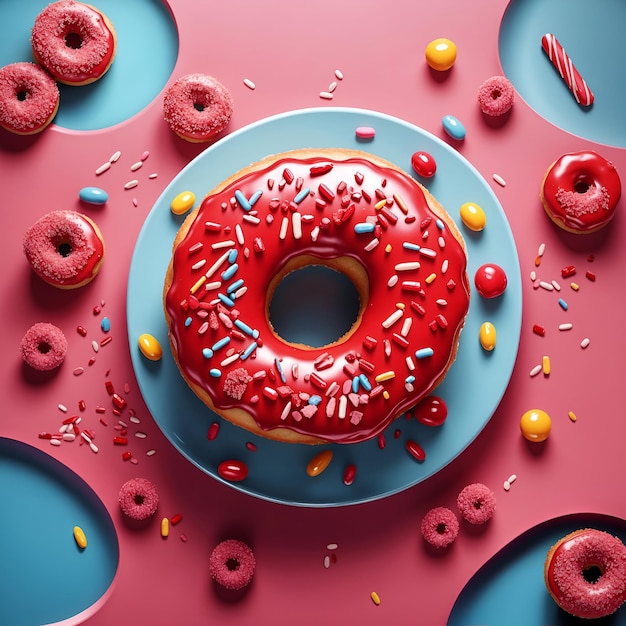 Red tasty donut surrounded by an abstract pink background with little sweets as ornaments