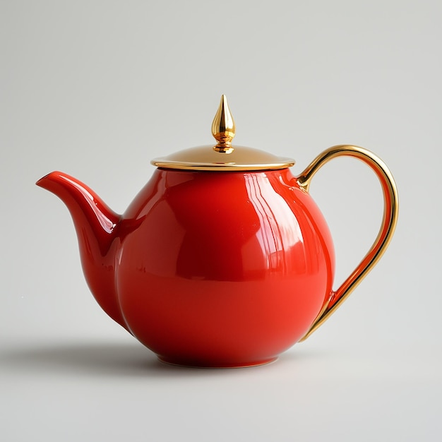 a red teapot with a gold top