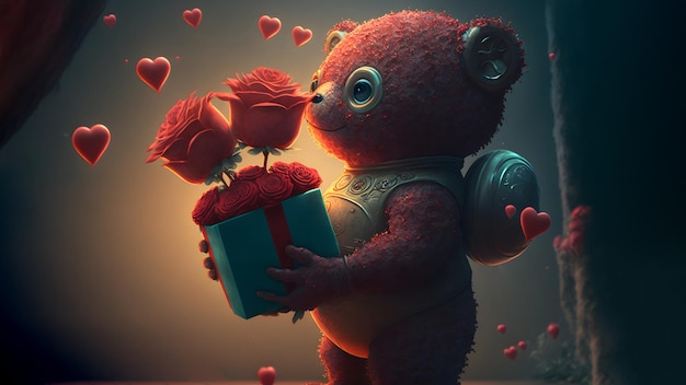 Red teddy bear soft toy holding git box with red roses for valentines day celebration neural network