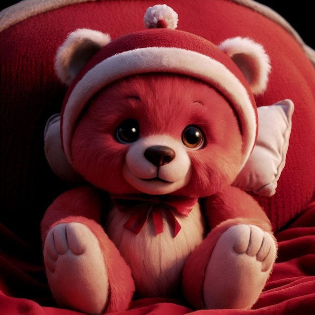 a red teddy bear with a hat on its head