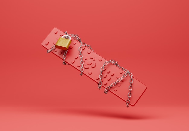 Red television remote entangled in a chain with a closed padlock on a red background. 3d rendering