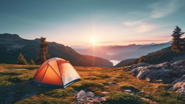 A red tent is set up in a grassy field with a beautiful sunset in the background Concept of peace and tranquility as the tent is situated in a serene and picturesque location