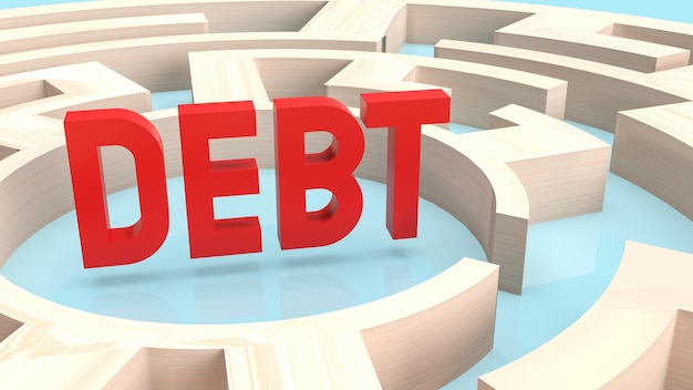 The red text debt in  maze for business concept 3d rendering