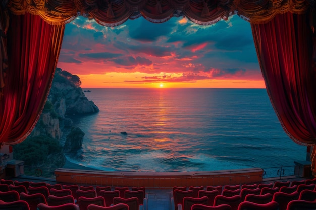 Photo red theater seats offer panoramic view of breathtaking ocean sunset