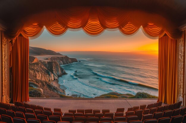 Photo red theater seats offer panoramic view of breathtaking ocean sunset