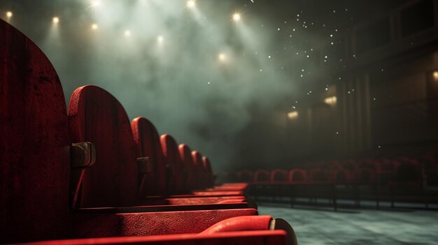 a red theater with the lights on in the background