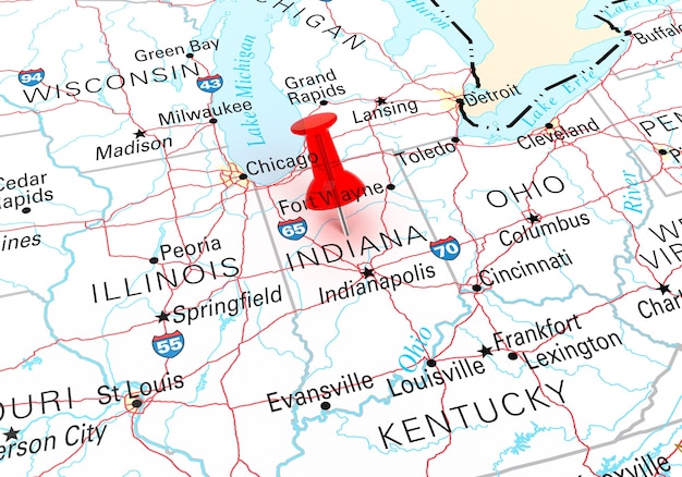 Red Thumbtack Over Indiana State USA Map. 3D rendering