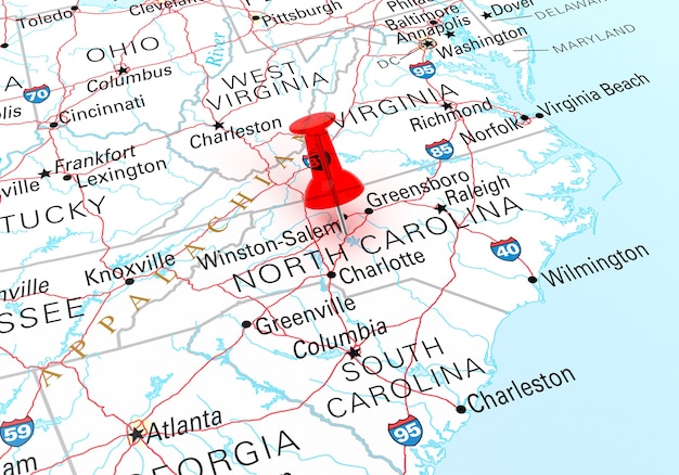 Red Thumbtack Over North Carolina State USA Map. 3D rendering