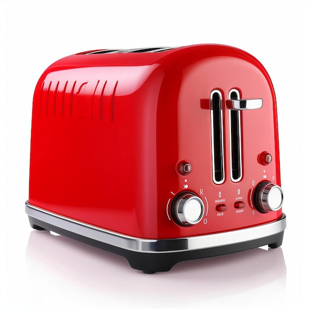 A red toaster sitting on top of a white table