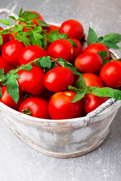 Red tomato in grey basket on grey . Harvest.  Full box of tomatoes. Close up.