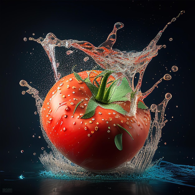 A red tomato is surrounded by water and the word fruit is on the bottom