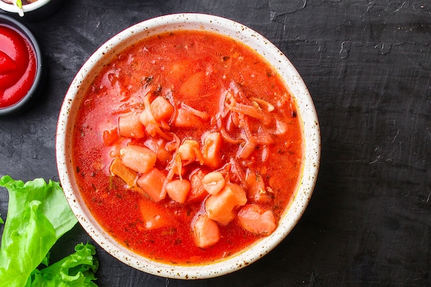 Red tomato soup borscht fresh first course bouillon meat and vegetables