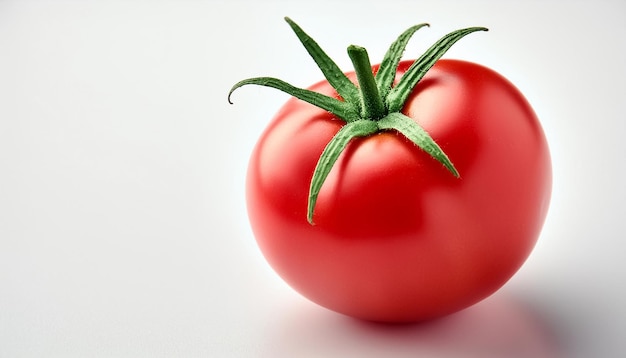 a red tomato with a green leaf on it