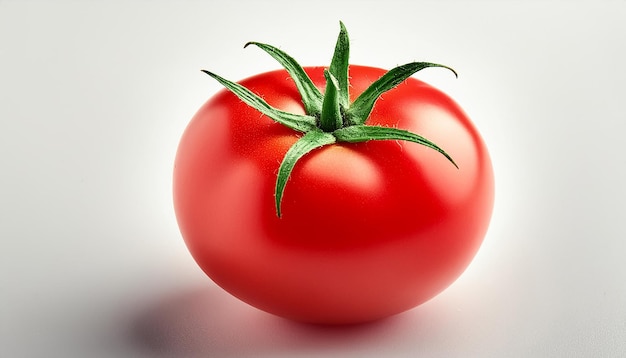 a red tomato with a green leaf on it