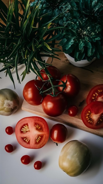 Photo red tomatoe fresh collected and sliced along with red cherry tomatoes on white desk