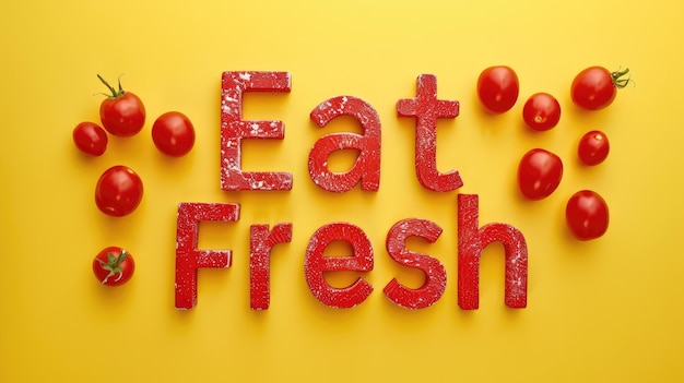 Photo red tomatoes and eat fresh letters on yellow background