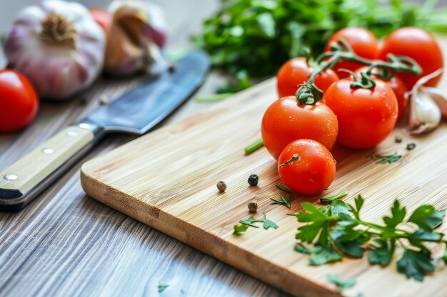 Red tomatoes and green parsley are arranged on a cutting board with a knife ready for meal preparation Offering nutritional advice and meal planning for a balanced lifestyle