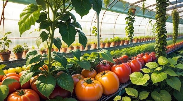 Red tomatoes in a greenhouse