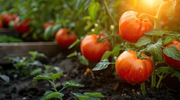 Red tomatoes grow on the plant in the garden stock photo