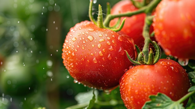 Red tomatoes grow on the plant in the garden stock photo