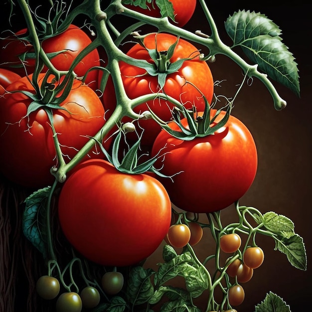 Red tomatoes growing on vine closeup By Generative AI