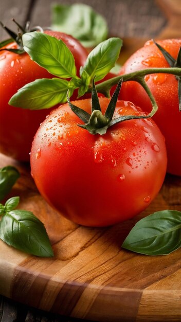 Red tomatoes with drops of water and leaves of fresh basil on a wooden cutting board organic food