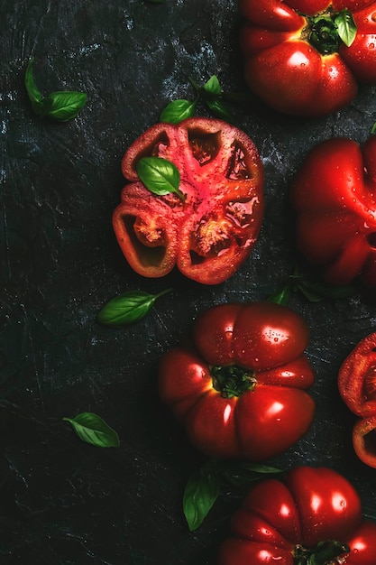 Red tomatoes with green basil leaves on the black kitchen table background summer harvest cooking...