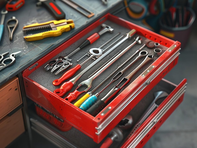 a red tool box with a red handle and a red box that says  tools