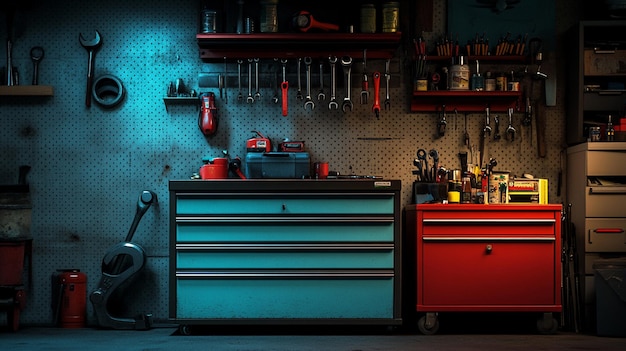 a red toolbox is on a red shelf with tools and tools on it