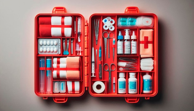 Photo a red toolbox with many items including a red case with a blue bottle and a red case that sayss  medicine