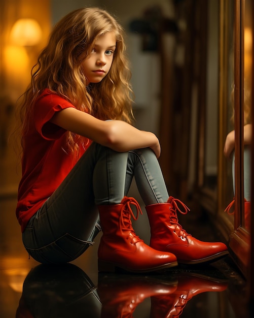 Red Top Girl Boots Sitting Front