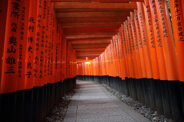 Red Tori Gate at Fushimi Inari Shrine in Kyoto, Japan , selective focus with soft focus