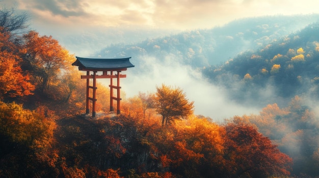 A Red Torii Gate Stands on a Cliff Overlooking a Misty Forest in Autumn