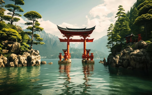 Red torii in lake with beautiful nature