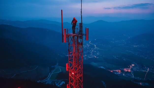 Photo a red tower with a person on it and a red light on it