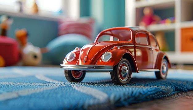 Photo red toy car in child room on the floor