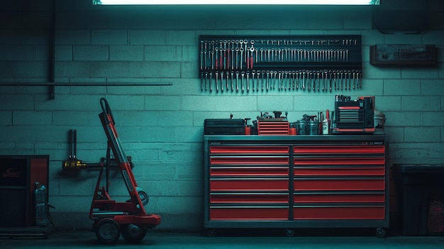 a red toy car is in a garage with a red toy car